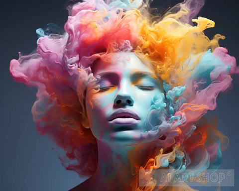 Display Of Colorful Powder Paint Explosion On Womwn Head Portrait Ai Art