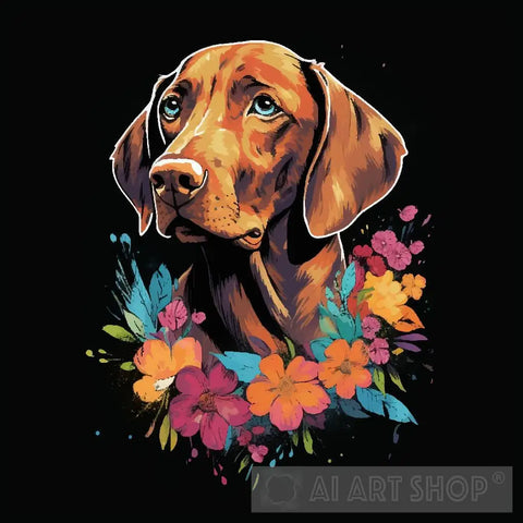 Dog With Flowers Portrait Ai Artwork