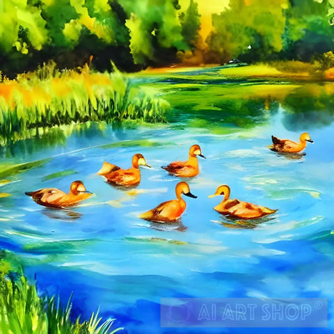 Ducks Swimming In A Beautiful Pond Impressionism Ai Art
