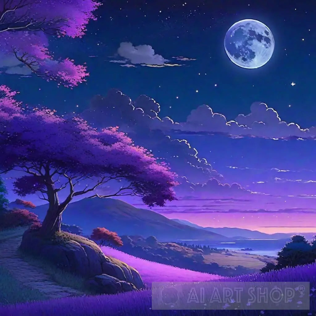 Landscape, Nature, Mountain, Dusk, Moon, Purple, Peaceful