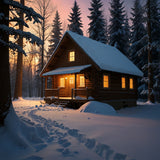 A cozy cabin in the woods with a snow-covered roof and a warm glow from the windows (1)