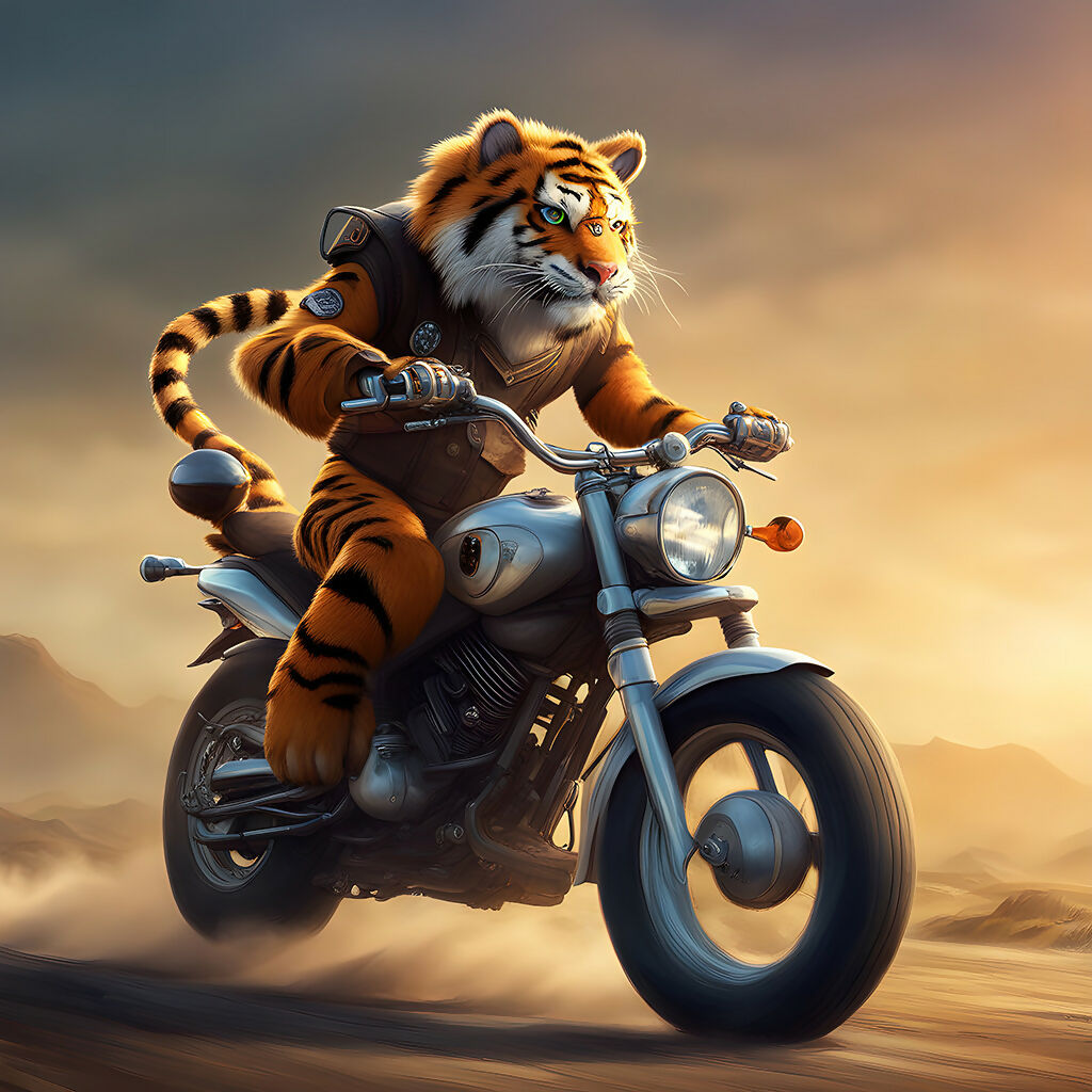 This beautiful digital artwork featuring a tiger riding a motorcycl...