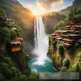 Eastern Village Bathed In Waterfalls Ai Painting