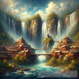 Eastern Village Bathed In Waterfalls Ai Painting