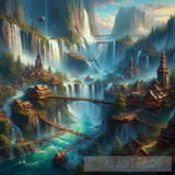 Eastern Village Bathed In Waterfalls Ai Painting
