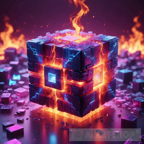 Electronic Cubic With Fire Ai Artwork