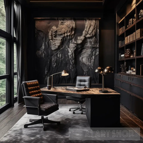 Elegant And Luxurious Home Office Photo Modern Design In Black Gold Brown Gray Beige With Green