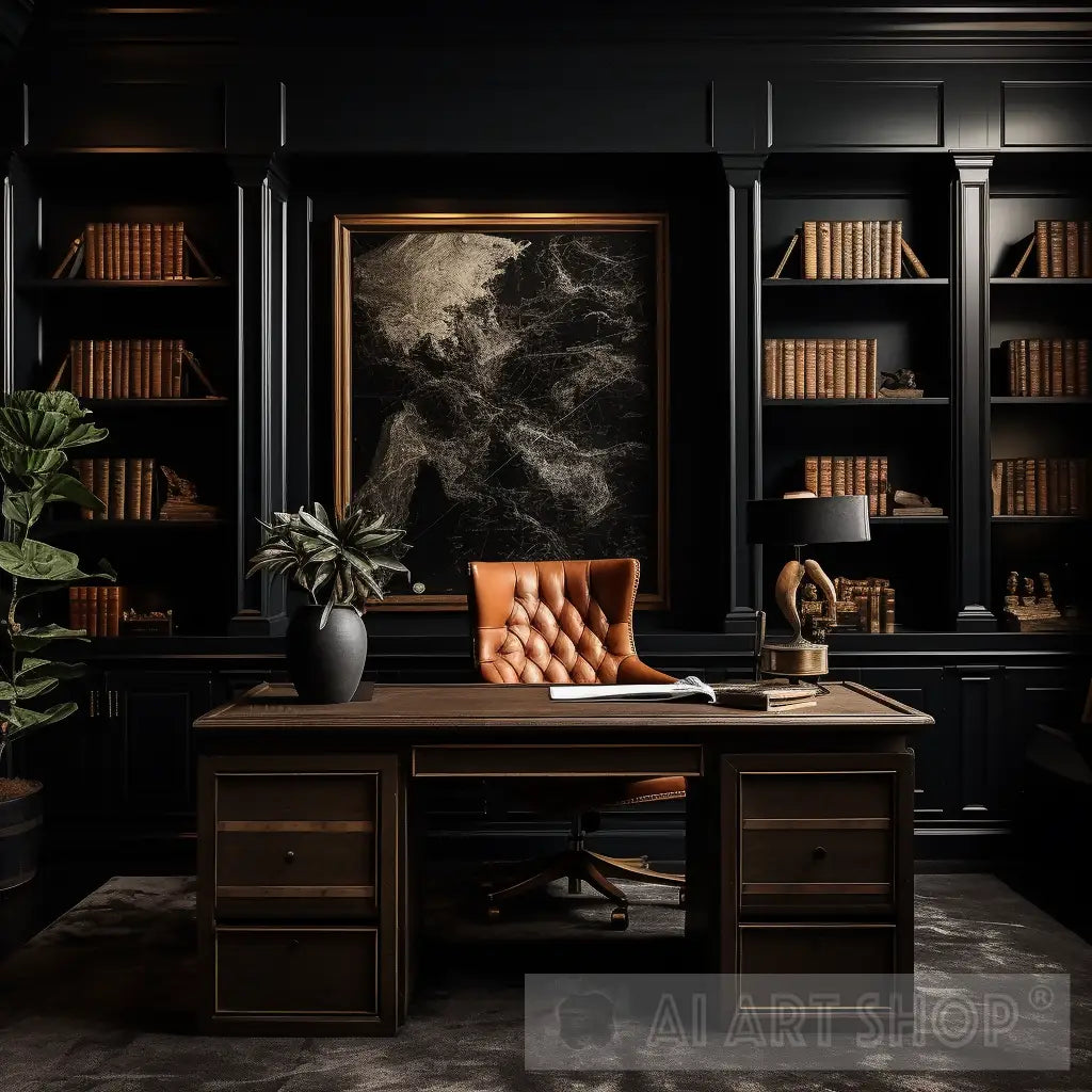 Elegant and Luxurious Home Office Photo Modern Design in Black, Gol...