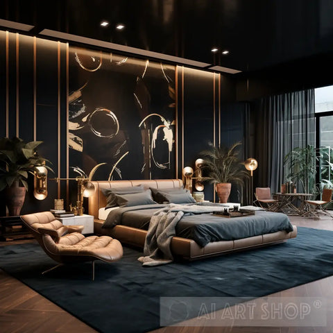Elegant Bedroom Photo Modern Design In Black Gold Beige Gray And Navy Ai Art