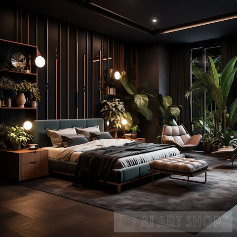 Elegant Bedroom Photo Modern Design In Black Gold Brown Beige White And Green Plants Ai Art