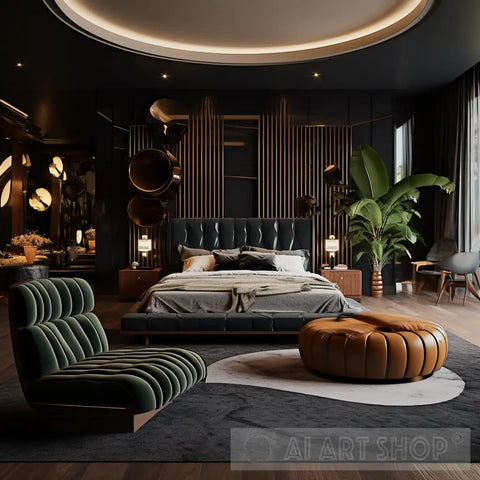 Elegant Bedroom Photo Modern Design In Black Gold Brown Gray And Green Ai Art