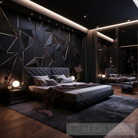 Elegant Bedroom Photo Modern Design In Black Gold Purple And Beige At Night Ai Art