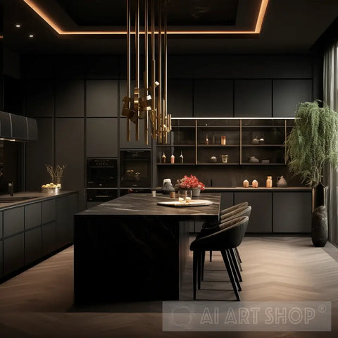 Elegant Kitchen Photo Modern Design In Black Gold Brown And Beige With Green Plants 2 Ai Art