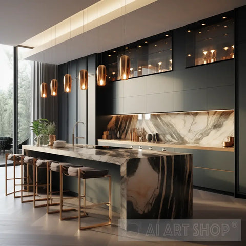 Elegant Kitchen Photo Modern Design In Black Gold Brown And Beige With Green Plants 3 Ai Art