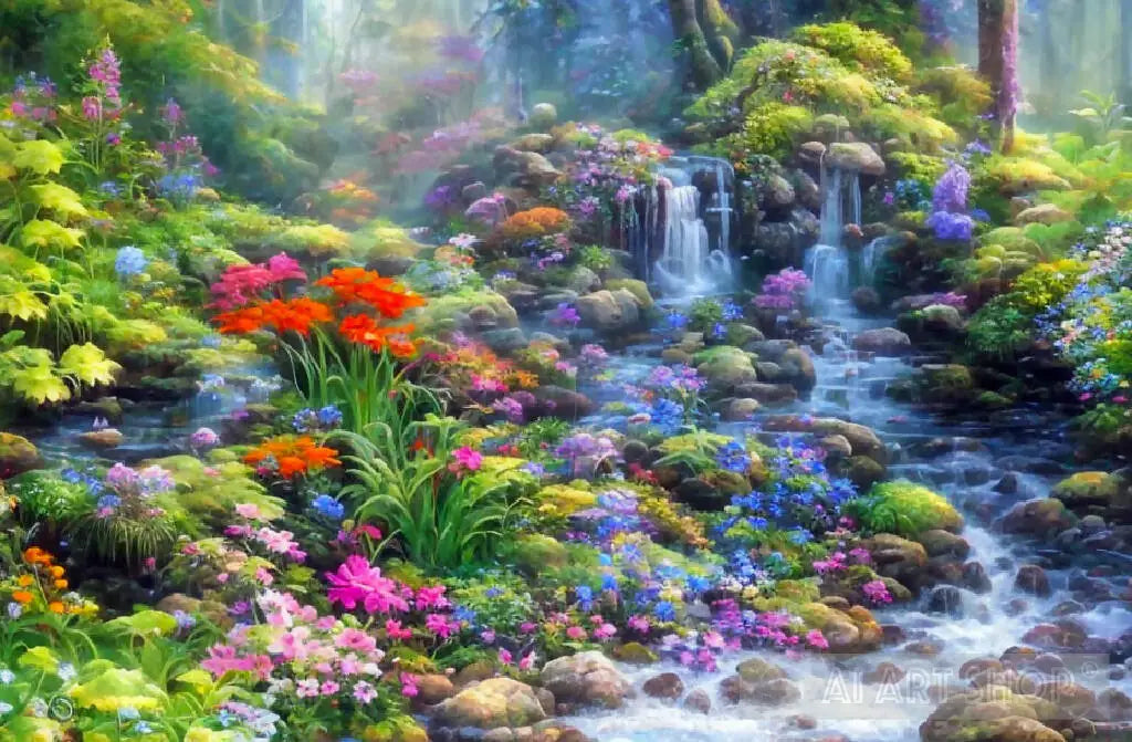 Enchanted Falls: AI generated oil painting of a mystical fantasy fo...