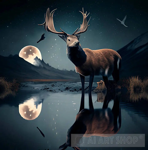 Enchanted Lunar Antlers Ai Artwork
