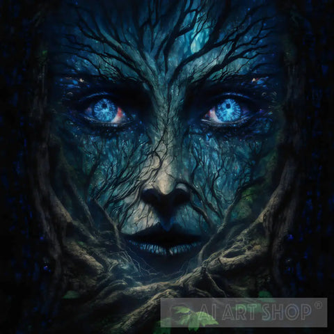 Enchanting Blue-Eyed Witch Face In Mystic Forest Nature Ai Art