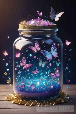 Enchanting Butterfly Jar Filled With Sparkly Stars Hearts And Glitter - Fantasy Delight Ai Artwork