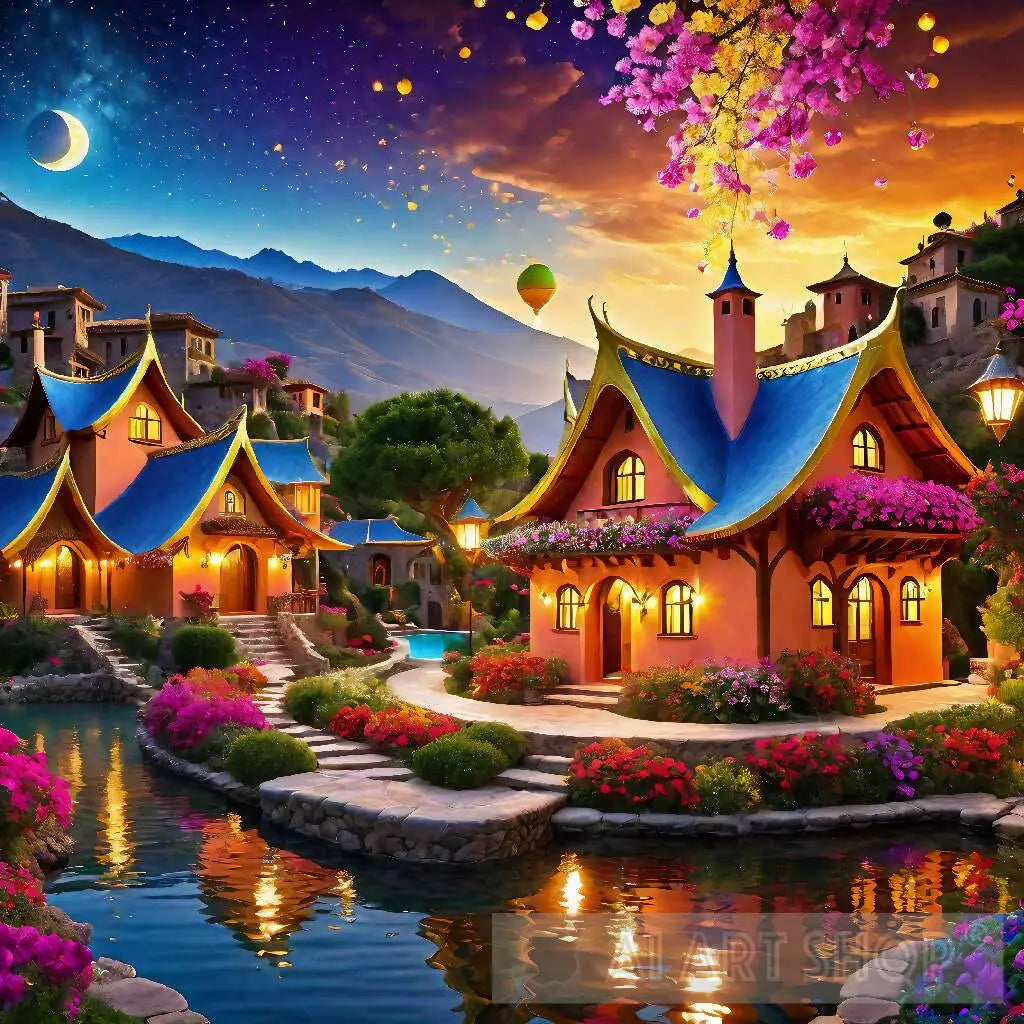 Enchanting village, Fairy house, Pastel colors, Illuminated lights,...