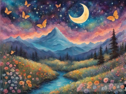 Enchanting Moonlit Sky And Mystical Mountain Landscape - Whimsical Stars & Butterflies Ai Painting