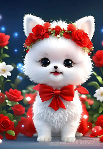 ’Enchanting Night: A White Cat Adorned With Red Roses And Bow Tie’ Animal Ai Art