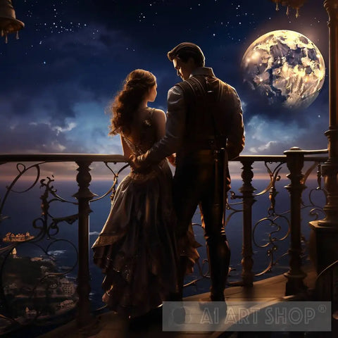Enchanting Steampunk Romance 3:  Handcrafted Metal Art Of A Couple Strolling On Ocean-View Balcony