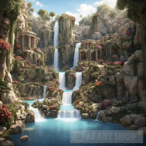 Enchanting Waterfall Oasis Landscape Ai Art