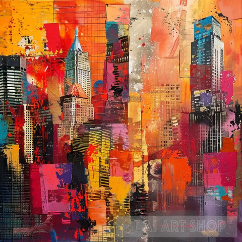 Energetic Cityscape Collage - Modern Abstract Art Ai