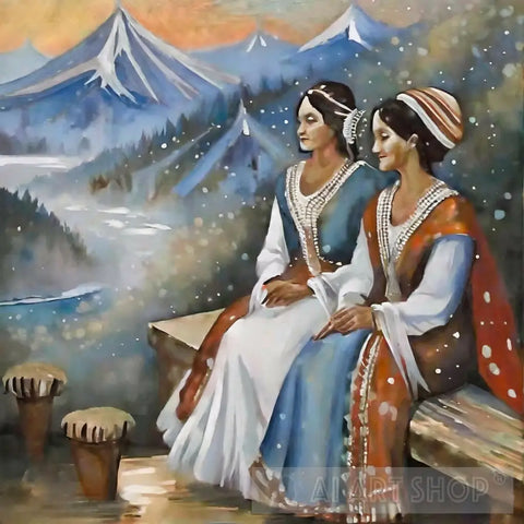 Enigmatic Encounter: Oil Painting Of Two Women In Costume Ai