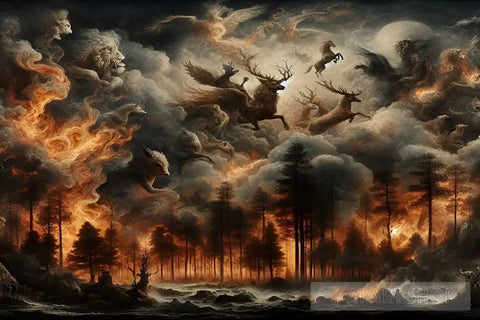 Escape Through Flames: Deer Amidst A Burning Wilderness Ai Painting