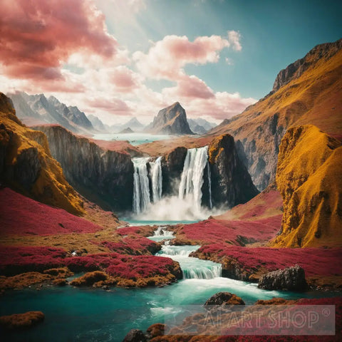 Ethereal Reverse Gravity Landscape Art Print - Surreal Floating Mountains And Upward Waterfall Iv Ai