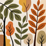 Mid-Century Modern Nature Wall Art – Abstract Trees & Leaves in Earthy Olive, Burnt Orange & Mustard