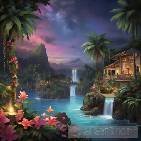 Explore A Magical Tropical Paradise Under The Stars Ai Artwork