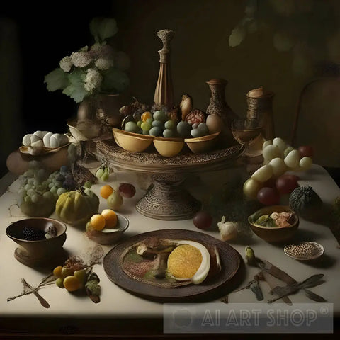 Exquisite Artistry: A Captivating Still Life Of A Dining Table Abound With Fruits Ai Artwork