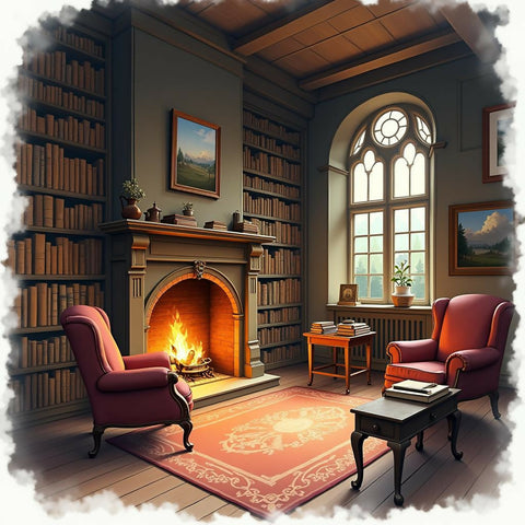 Dreamy Cozy Library with Crackling Fireplace