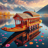 Serenity on Dal Lake: A Traditional Houseboat Amidst Snow-Capped Peaks