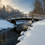 A wooden bridge covered in snow, spanning a frozen stream (1)