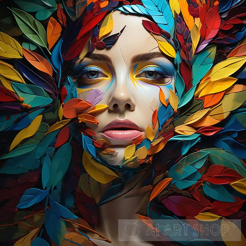 Face of Colorful Memories: Portrait of a Girl with Multicolored Leaves
