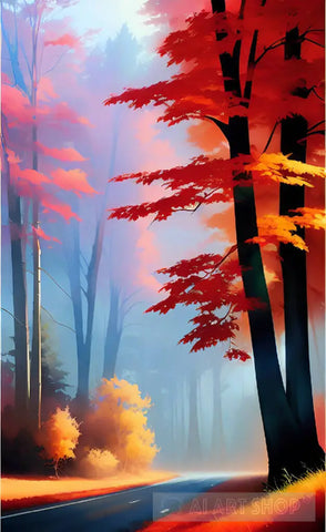 Fall Forest With A Road High Quality Painting Nature Ai Art