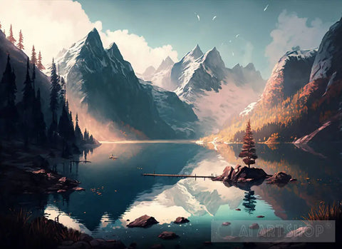 Fantasy Lake And Mountain Scenery Nature Ai Art