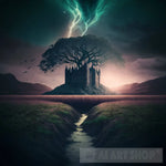 Fantasy Tree Castle Struck By Lightning Abstract Ai Art