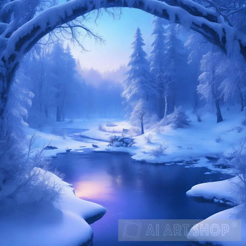 Fantasy Winter Landscape With A Frozen River And Snow-Covered Trees. Nature Ai Art