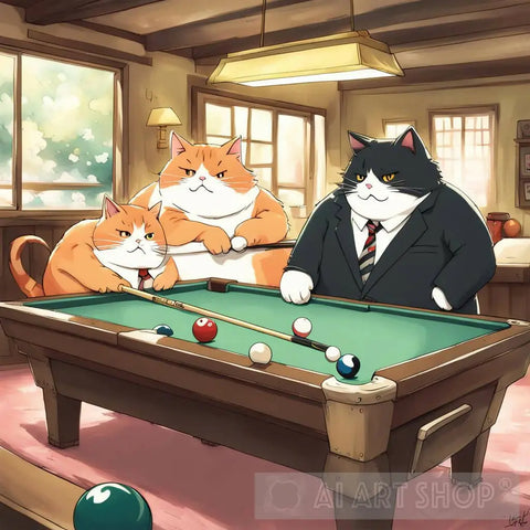 Fat Cats Playing Pool Animal Ai Art