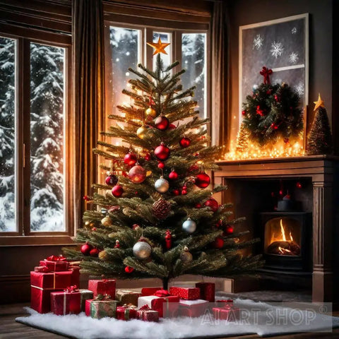 Festive Christmas Tree In Front Of A Fireplace Ai Artwork