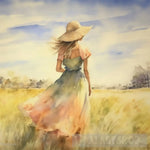 Fields Of Dreams: Serene Watercolour Print A Woman Strolling Amidst Pastel Hues Nature Ai Art