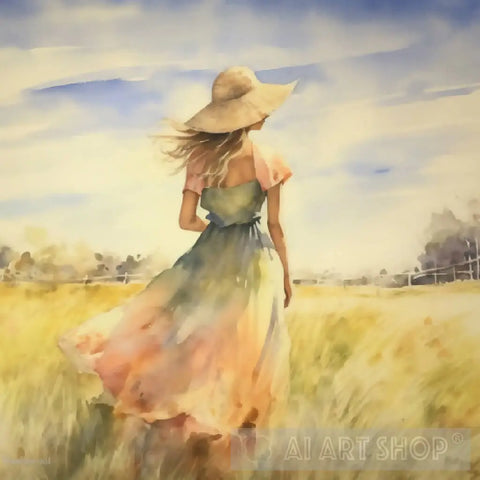 Fields Of Dreams: Serene Watercolour Print A Woman Strolling Amidst Pastel Hues Nature Ai Art