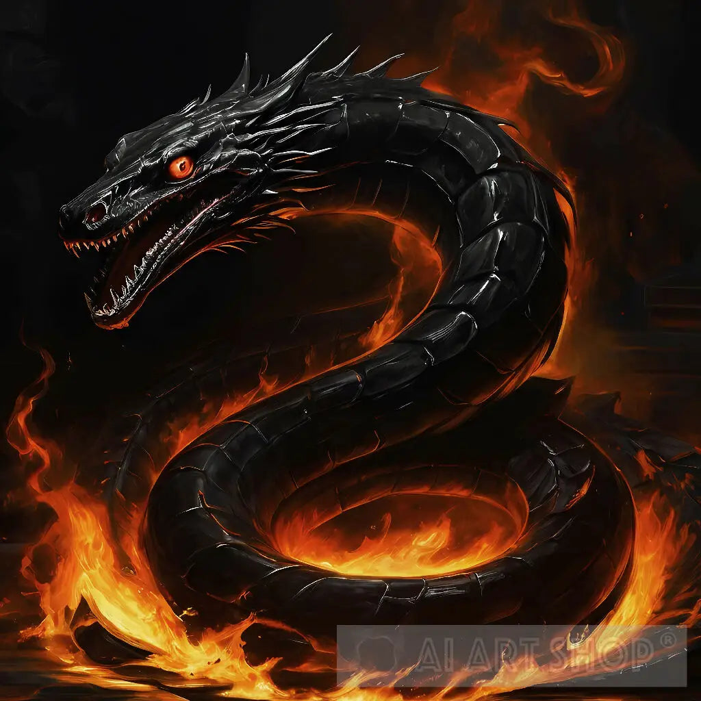 Fierce Black Snake on fire. Demonic entity, dark fantasy