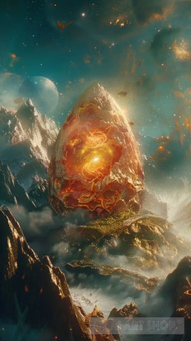 Fiery Egg On Mountain Abstract Ai Art