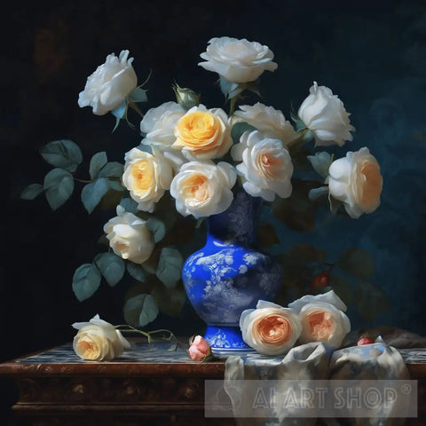 Floral Bouquet Damask Roses In Blue Vase Still Life Ai Art