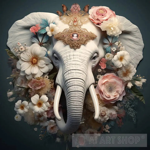 Floral White Elephant Animal Ai Art